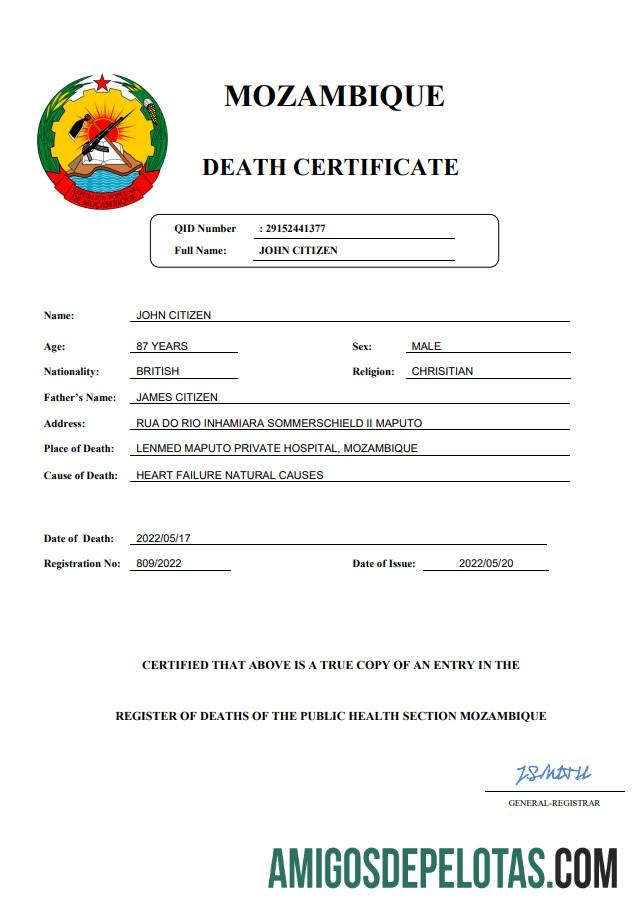 Realista modelo Word e PDF de Certidão de Óbito de Registro Vital de Moçambique